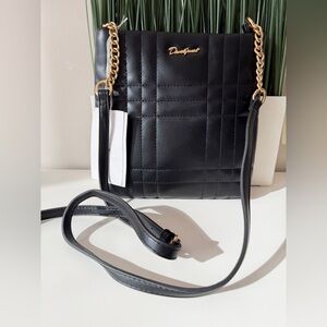David Jones Black Quilted Leather Crossbody Bag Gold Chain Strap NEW